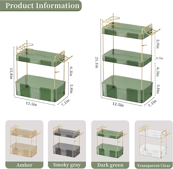 Akinbas 3 Tier Bathroom Organizer Countertop Makeup Perfume Tray Skincare Organizer Comes with Hair Dryer Rack and Toothbrush Holder for Bathroom Dresser Vanity (Green)