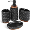 RQYIXI Elegant 4 PCS Ceramic&Wood Bathroom Accessories Set:Soap Dispenser,Toothbrush Holder,Tumbler,Soap Dish,Easy to Clean,Quatrefoil Pattern,Black-Affordable Luxury for Home Decor Enthusiasts