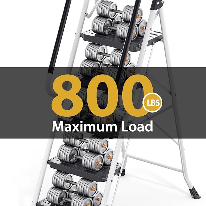 KINGRACK 5 Step Ladder, Folding Step Stool with Comfortable Handrail, Wide Anti-Slip Pedals & Safe-Lock Design, 800lbs Load Capacity, Sturdy Steel Portable Ladder, Perfect for Home and Kitchen, White