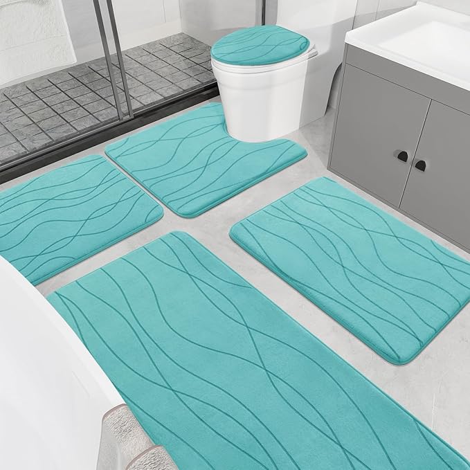 YIHOUSE Memory Foam Bathroom Rugs Sets, Teal, 5 Piece | Ultra Soft, Absorbent, Non-Slip, Machine Washable