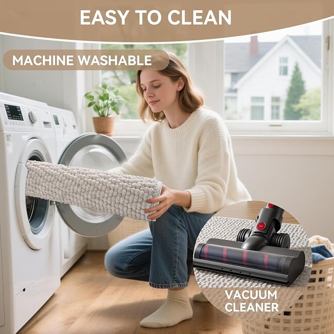 20x32 Extra Soft Chenille Bathroom Rugs - Non Slip Quick Dry Absorbent & Washable Bath Mat, Thin Low Profile Fit Under Door, Shower Mat for Outside Shower - Beige