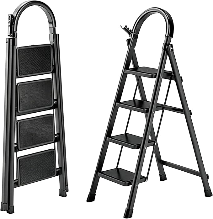 Folding Step Ladder, 4-Step Multi-Functional Alloy Ladder, Heavy Duty Metal, Wide Pedals, Anti-Slip, Collapsible to 5cm, with Tool Rack & Sponge Handrail for Home, Indoor & Engineering Use