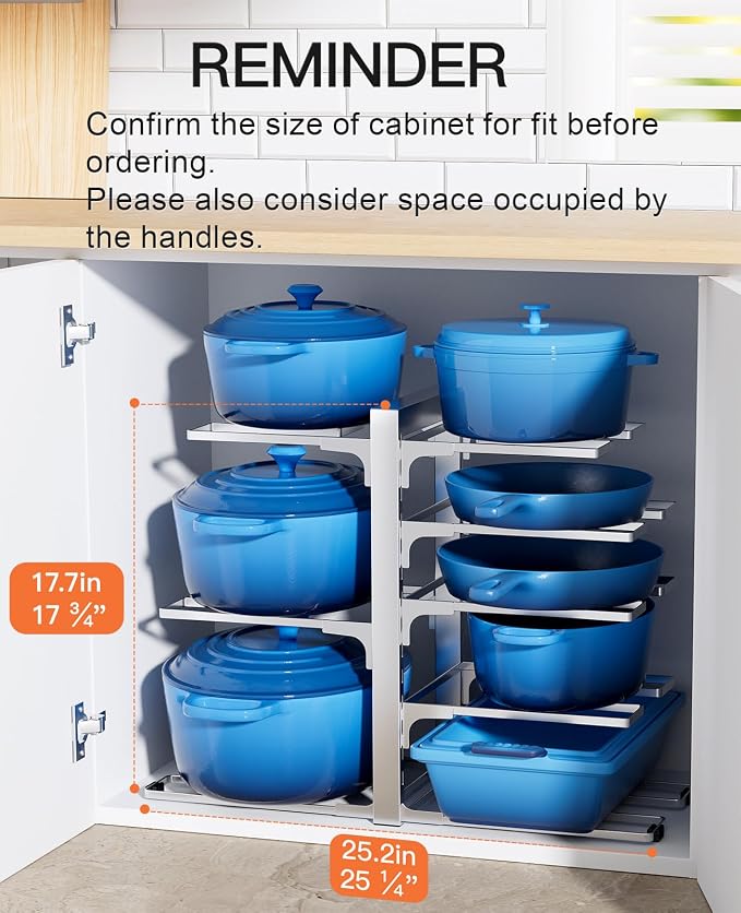ORDORA Pots and Pans Organizer Rack for Cabinet, 15.83" Height 8-Tier Heavy Duty 120LBS Pot Pan Organizer under Cabinet Adjustable for Cast-iron Pan, Heavy Skillets Griddles, Shallow Pot, Silver