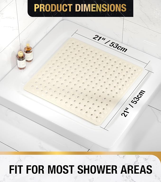 HITSLAM Shower Mat Anti Slip, Square Bath Mat for Tub Non Slip with Suction Cups and Drain Holes, 21x21 Inch Bathroom Shower Stall Floor Mat, Machine Washable, Soft on Feet, Sand