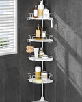 ALLZONE Corner Shower Caddy Tension Pole, 4 Hang-On Basket with Mixed-Height Shelves for Various Bottle Sizes, Extra Hooks & Soap Holder, Rustproof Stainless Steel, Fits 34–116 Inch, Silver/White