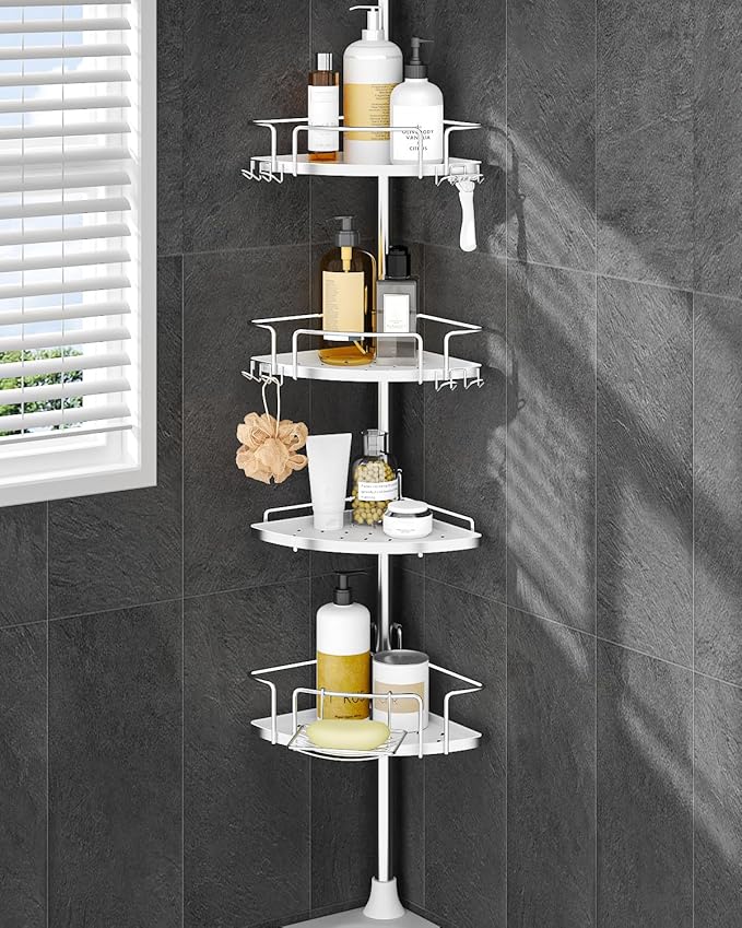 ALLZONE Corner Shower Caddy Tension Pole, 4 Hang-On Basket with Mixed-Height Shelves for Various Bottle Sizes, Extra Hooks & Soap Holder, Rustproof Stainless Steel, Fits 34–116 Inch, Silver/White