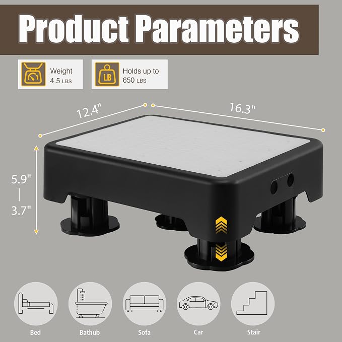 CHIKILLA Adjustable Step Stool for Bedside High Beds, Glow in the Dark Bed Steps for Adults Elderly, 650LBS Heavy Duty Non-Slip Safety Platform for Car, Bathtub, Kitchen, 3 Height Settings 3.7"-5.9"