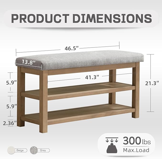 Zihanhome Shoe Rack Bench with Cushion, 2 Tier Solid Wood Storage Bench, Mid-Century Modern Shoe Bench for Entryway, Hallway, Closet, Front Door Entrance, Foyer (Grey, 46.5")