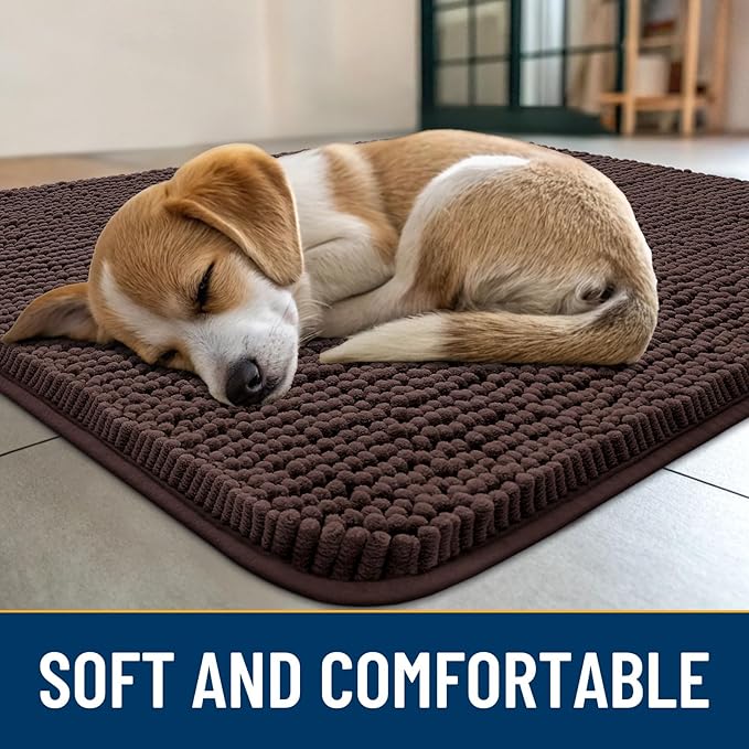 Smiry Dog Door Mat for Muddy Paws 59x32, Absorbent Dirt Trapper, Non-Slip Washable Chenille Entryway Rug for Inside Floor, Brown, Classic Solid