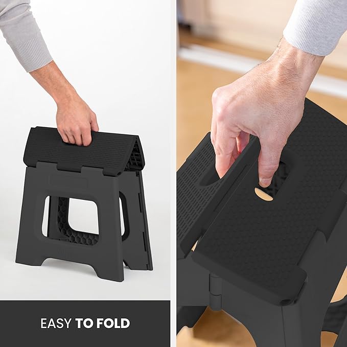 Vigar Compact Folding Step Stool - 9 Inch Foldable Step Stool for Adults, Lightweight Portable Stool with Handle, Non Slip Step Stool, Space Saving Stool up to 330 lb - Black