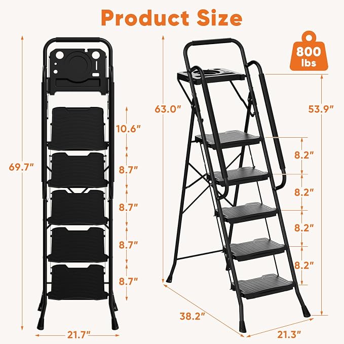 Sweetcrispy 5 Step Ladder, 800lbs Folding Step Stool with Wide Anti-Slip Pedal, Tool Tray Sturdy Ladder, Convenient Handrail, Lightweight, Portable Stepping Stool, Black