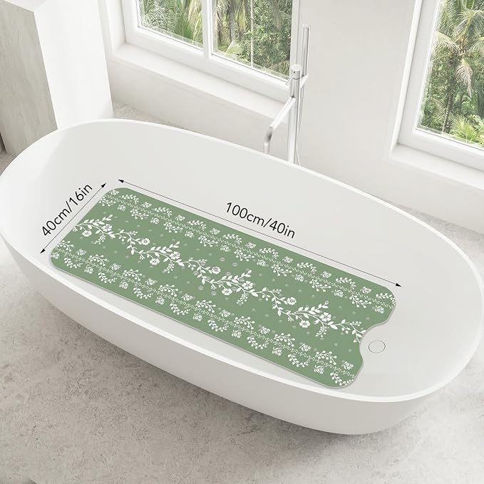 SHUCHING Green Bath Mat for Tub Non Slip for Women-40 X 16 Inch, Flower Non Slip Bathtub Mat for Adults & Elderly Mold Free, Long Shower Mat for Inside Shower with Suction Cup, Machine Washable