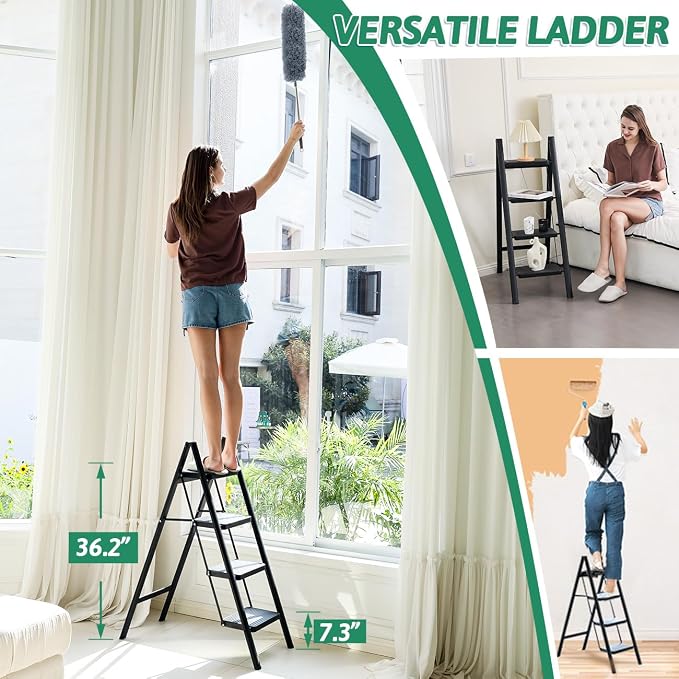 4-Step Folding Ladder, Heavy Duty Ladders for Home & Kitchen, Folding Ladder Easy to Store, Tall Ladder for Adults, Anti-Slip & Space-Saving Step Ladder, 330 Lbs Capacity