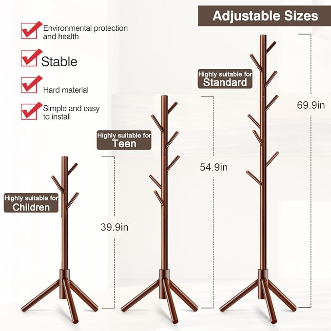 WANGMUXIA Coat Rack, Freestanding Coat Rack with 8 Hooks and 3 Adjustable Size Tree Coat Racks for Bedroom, Hallway, Entrance, Office, for Hats, Coats, Scarves, Handbags