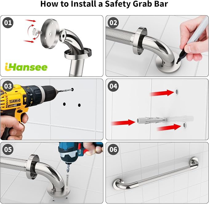 Chrome Grab Bar 4 Pack, iHansee Anti-Slip Bathroom Grab Bar w/Knurled Grip 16/24/36/40 Inch Combo, Stainless Steel Safety Handrail for Shower Toilet, Wall Mounted Handicap Bars for Home & Commercial