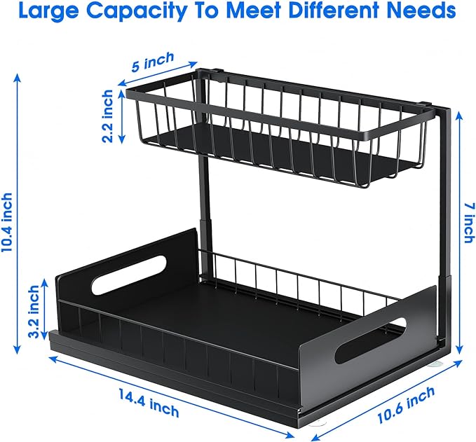 Under Sink Organizer, 2 Tier Pull-Out Cabinet Storage Shelf, Rust-Resistant Metal Organizer for Kitchen Bathroom Laundry Room, No Tools Installation, 1 Pack Black