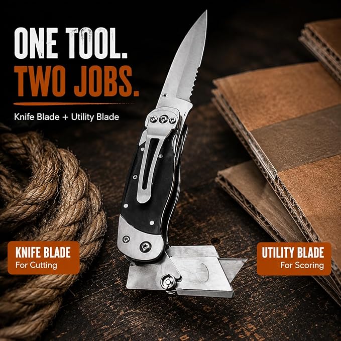 Folding Utility Knife with Belt Clip, Heavy Duty Pocket Knife & Box Cutter Gift Set for Men - Ideal for Work and Everyday Carry
