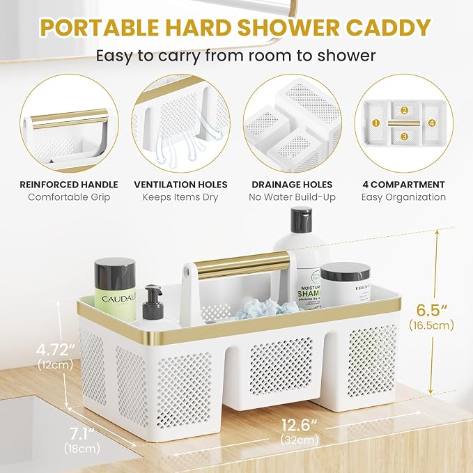 BYUNER Portable Cleaning Caddy & Shower Basket: Hard Plastic Caddy Organizer with Handle, 4 Divided Compartments, All-Side Drainage for Bathroom, Dorm & Utility, College Dorm Room Essentials