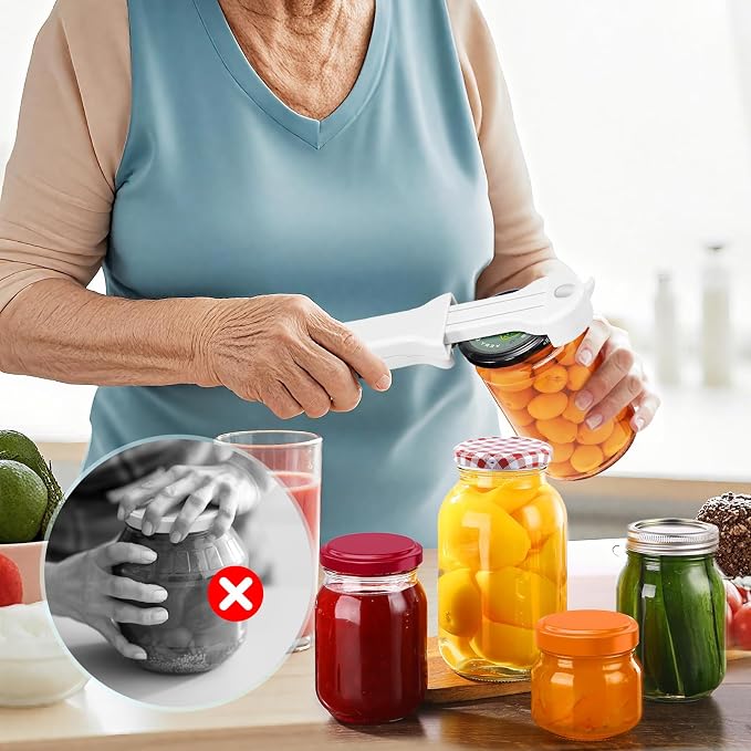 Jar Opener for Seniors with Arthritis, 7 in 1 Bottle Opener and Wine Corkscrew, Easy Grip Kitchen Gadget for Weak Hands Elderly, Retractable Jaw Lid Opener with Magnetic Storage (Off-White)