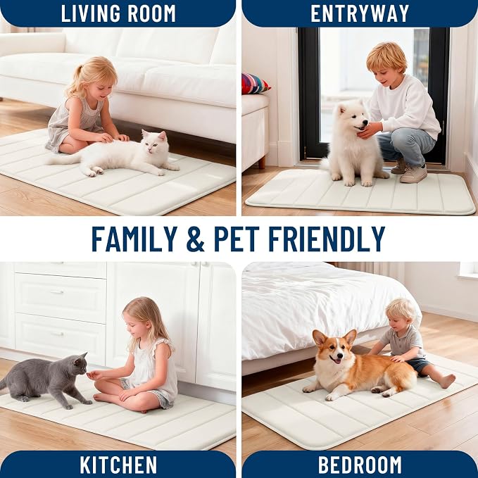 OLANLY Memory Foam Bath Mat 35x16, Super Soft Absorbent Bathroom Rugs, Quick Dry, Machine Washable Shower Floor Rugs, Bathmat Carpet, Bathroom Home Decor Accessories, Ivory