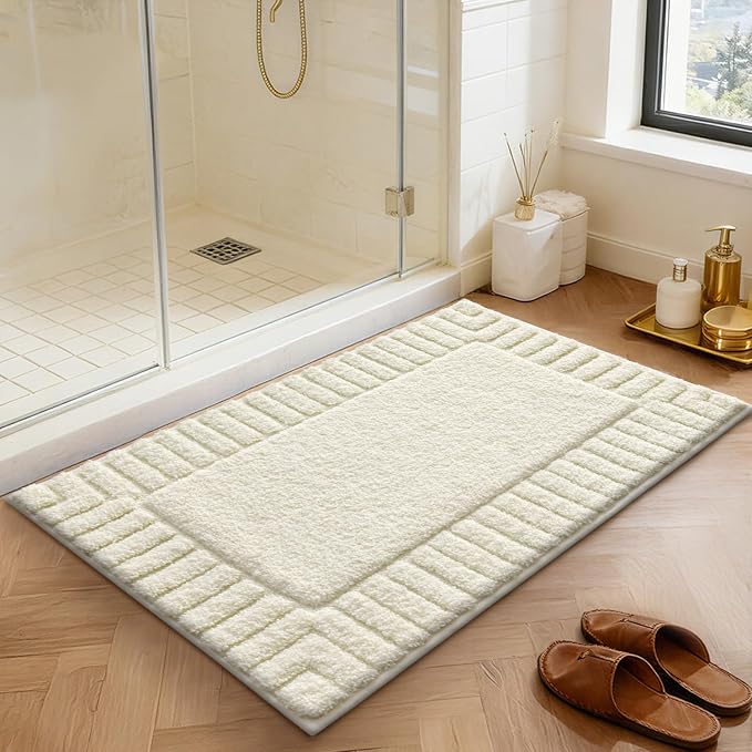 LUMI Bathroom Rugs Non Slip with Rubber Backing, Extra Soft Plush Microfiber Bath Rug Absorbent, Machine Washable Bath Mat Quick Dry for Tub, Shower, Ivory White, 16"x24"
