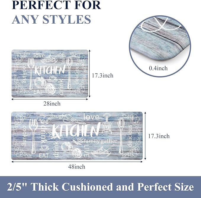 HEBE Kitchen Rugs Set of 2, Cushioned Anti Fatigue Kitchen Mats for Floor, Non Slip Waterproof Comfort Standing Desk Mat Carpet for Sink, Stove, Laundry Room