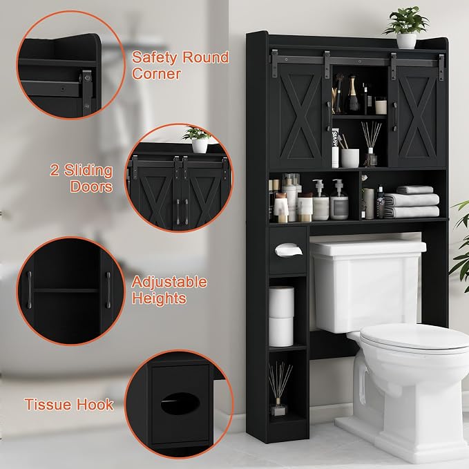 Vabches Over The Toilet Storage Cabinet, Farmhouse Storage Cabinet Over Toilet with Sliding Doors & Toilet Paper Holder Stand，Home Space-Saving Toilet Rack, for Bathroom, Laundry and Restroom.Black