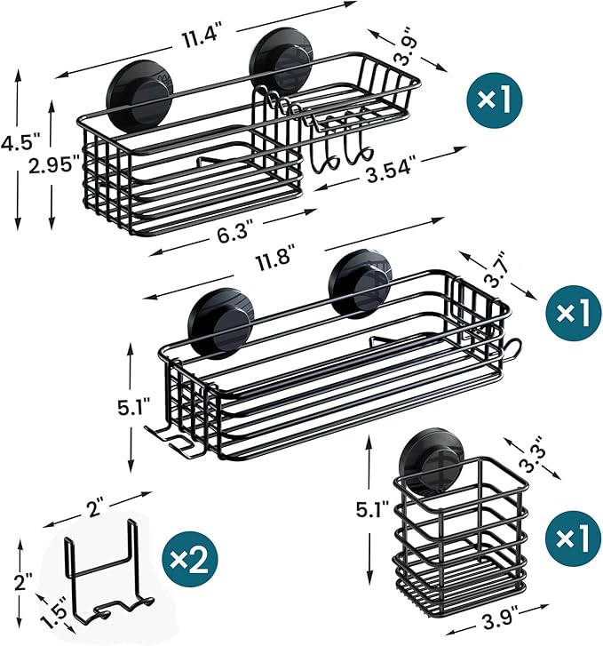 TAILI Shower Caddy Suction Cup, 3 Pack Shelves for Inside with Hooks & Soap Holder Toothbrush Cups, Removable Bathroom Organizer, Rustproof Black Shelves