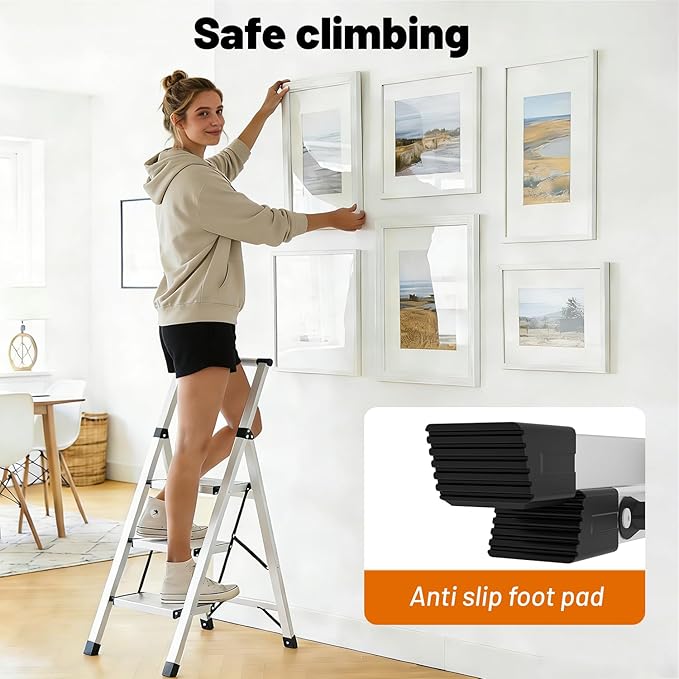 3 Step Ladder Aluminum Lightweight Folding Step Stool, 600lbs Max Load Heavy Duty Step Stool with Safety Handrail, Slim Foldable Kitchen Stool with Anti-Slip Pedal for Home Sliver，3 Steps