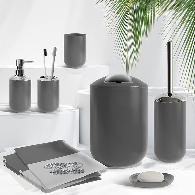 Clara Clark Bathroom Accessories Set - 23PC Shower Curtain Set with Bathroom Trash Can, Grey Bathroom Set, Bathroom Sets with Shower Curtain and Grey Rugs