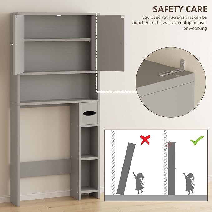 Shintenchi Over the Toilet Storage Cabinet, Bathroom Storage Cabient with Barn Doors, Bathroom Storage Shelf Organizer with Toilet Paper Holder, Adjustable Shelf and Anti-Tip Device, Gray