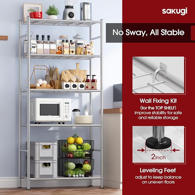 Sakugi Storage Shelves - 5 Tier Shelf Organizer, Heavy Duty Garage Shelving Unit with Leveling Feet, Stable Metal Shelves Organizer for Pantry, Kitchen and Closet, 33.0" W x 12.6" D x 72.0" H, Silver