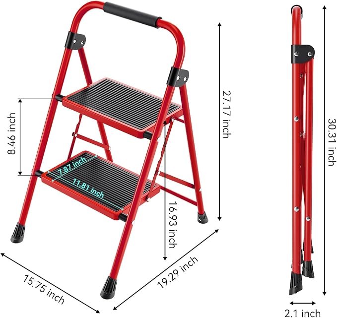 KINGRACK Step Ladder, Folding Ladder with Non-Slip and Wide Pedal, Small Ladders with Handle, Heavy Duty Steel Ladder, Lightweight Step Ladder (Red, 2 Step Ladder)