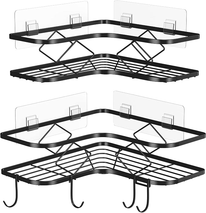 Shower Caddy, 2 Pack Corner Organizer Shelf, Rustproof Wall Mount Shower Storage Rack, No Drilling, 40 lbs Capacity (Glossy Black)