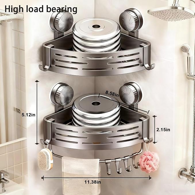 2Pcs Corner Shower Shelves,Caddy Suction Cup,Shampoo Holder,Bathroom Organizer Shower Storage with Towel Bar Hooks,No Drilling,Save Space,Rust-Resistant