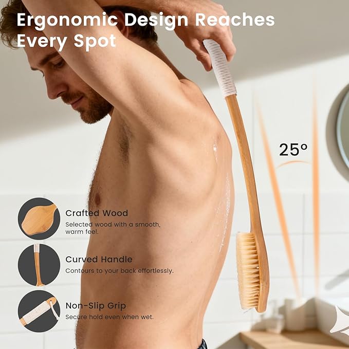 Back Scrubber for Shower，17in Bamboo with Curved Long Handle - Stiff Natural Boar Bristles for Men and Women, Deep Cleansing and Exfoliating, Anti-Slip Grip for Wet or Dry Brushing