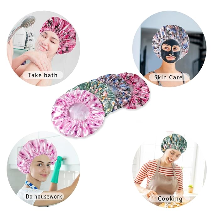 4 PCS Shower Caps for Women, 3D Printing Bath Caps, Double Layers Shower Cap Reusable Waterproof, Bathing Shower Caps, Environmental Protection Hair Bath Hat - Flower B