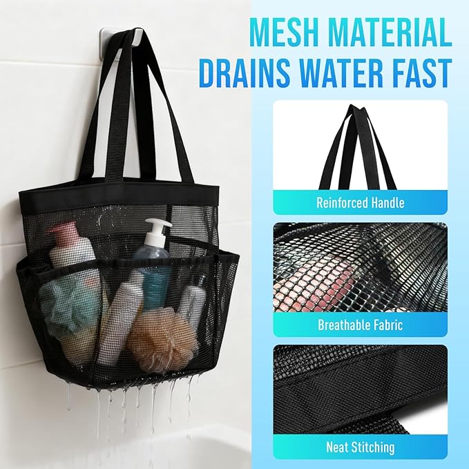 Mesh Shower Caddy Portable, Shower Tote Bag for Dorm Room Essentials, 8 Pockets Large Shower Basket for College Gym Beach Camping (1, Black)
