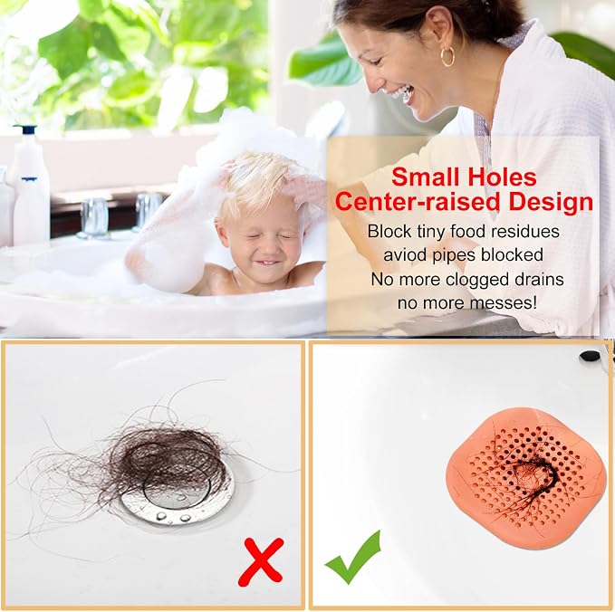 Hair Drain Catcher,Square Drain Cover for Shower Silicone Hair Stopper with Suction Cup,Easy to Install Suit for Bathroom,Bathtub,Kitchen 2 Pack (Orange)