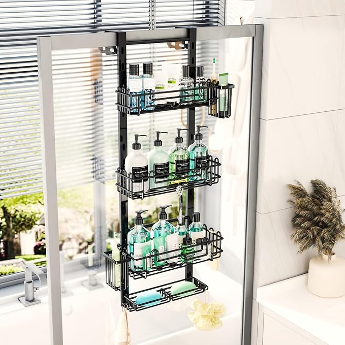 HapiRm 4 Tier Over the Door Shower Caddy, Hanging Shower Organizer with 22 Hooks and 2 Toothbrush Holders, No Drilling Adjustable Hanging Shelves for Bathroom Storage - Black