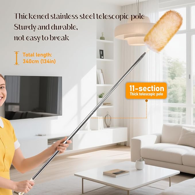 Extendable Lambswool Duster Stainless Steel Handle 133" Removable Feather Duster for Cleaning Ceiling Fans Interior Roof Furniture, Yellow