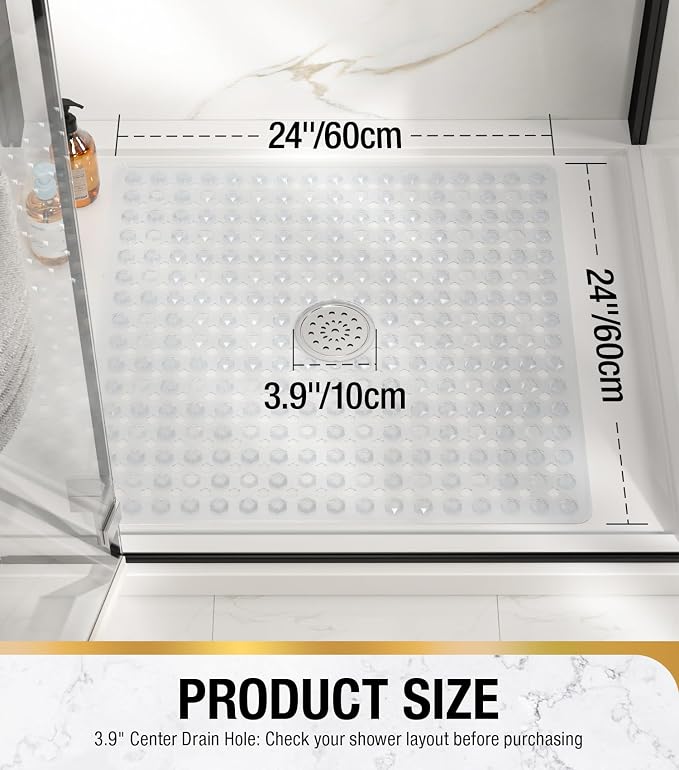 HITSLAM Non Slip Shower Stall Mat with Center Drain Hole, Diamond Textured PVC Bath Mat for Inside Shower, Machine Washable, Strong Suction Cups for Bathroom Bathtub Mat, 24x24 Inch, Clear