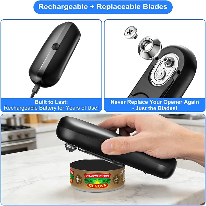 Electric Can Opener, Automatic Hands-Free Can Opener with Smooth Edge, One-Touch Operation USB Rechargeable, for Seniors, Arthritis Sufferers, Kitchen and Camping Use, Replaceable Blade (Black)