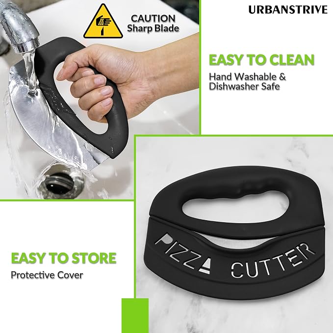 Urbanstrive Heavy Duty Stainless Steel Pizza Cutter with Cover, Super Sharp Blade Pizza Knife Pizza Cutter Rocker, Perfect Kitchen Gadgets for Pizza Cutting Home Essentials (Black)