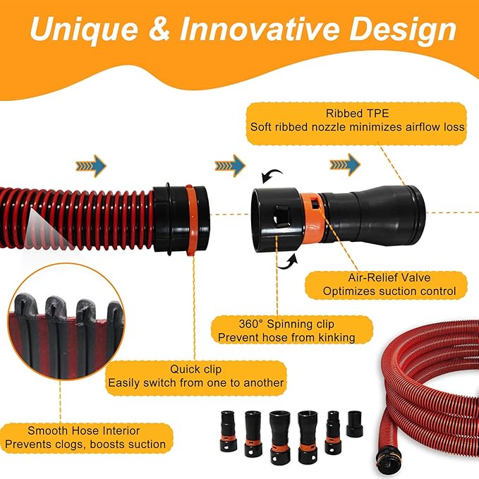 16FT Shop Vac Hose, Dust Collection Hose Kit for Home&Shop Vacuums System with 6 Adapters for Woodworking Power Tool & Sander, Compatible with festool/dewalt/bosch/ryobi/, etc Most Multi-Brands