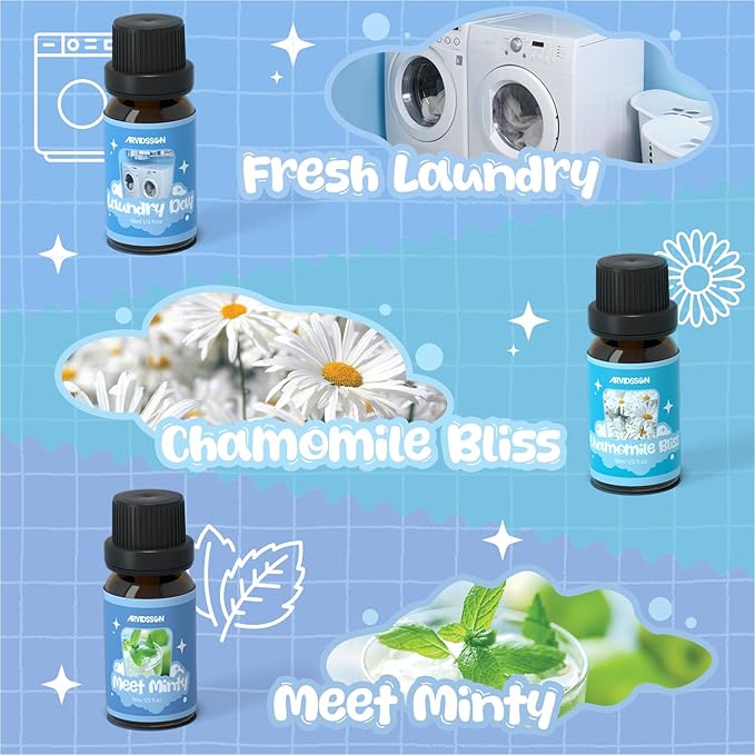 ARVIDSSON Laundry Collection Essential Oil Set, Natural Clean Essential Oils for Diffuser, Use with Wool Dryer Balls - Fresh Linen, Citrus Clean, Laundry Day, Chamomile Bliss, Lavender Field, Minty