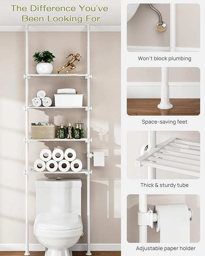 ALLZONE Adjustable Over The Toilet Storage Shelf, 4-Tier Ample Bathroom Organizer and Storage, Tension Mounted Above Toilet Storages Cabinet for Versatility, Fits 66-113 Inch Heights, White