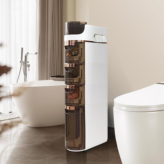 BGYMF 4-Tier Slim Bathroom Storage Cabinet,Slim Cabinet for Bathroom,Narrow Rolling Storage Cart with Wheels, White Plastic Organizer for Small Spaces, Kitchen, Laundry Room, Corner