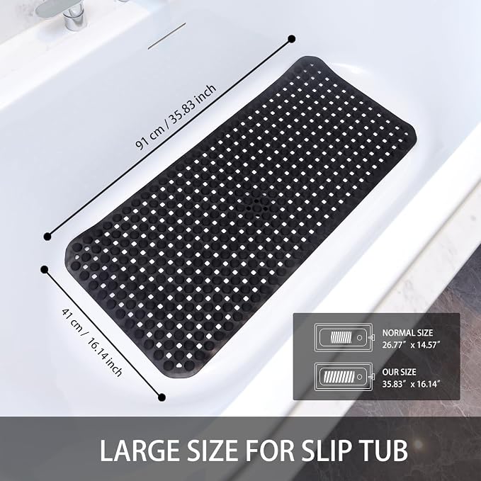SELIBRE Rubber Bath Mat, 36 x17” TPR Black Tub Mats with 198+ Suction Cups, Bath Mat for Elderly/Kids, Machine Washable & Fast Drainage, Foot Massage Design (Black, Extra Large)