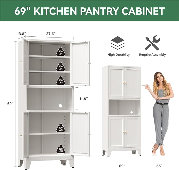 Bevivog 69" Tall Pantry Cabinet, Metal Kitchen Storage Cabinet with 4 Doors and 5 Shelves, Freestanding Metal Pantries Cupboard with Microwave Shelf for Kitchen,Dining Room,Bathroom,Laundry